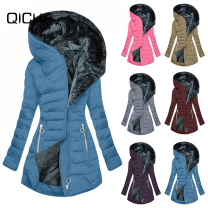 Women's long-sleeved padded winter jacket with hood