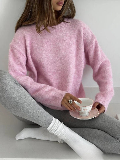 Women's crew-neck sweater, soft material, knitted, long sleeve