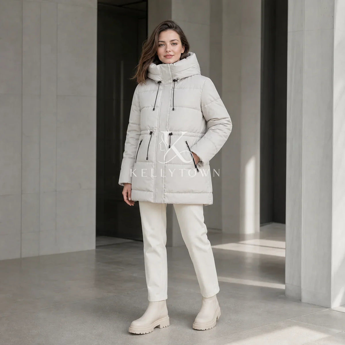 Women's quilted jacket with hood and waist drawstring, light beige