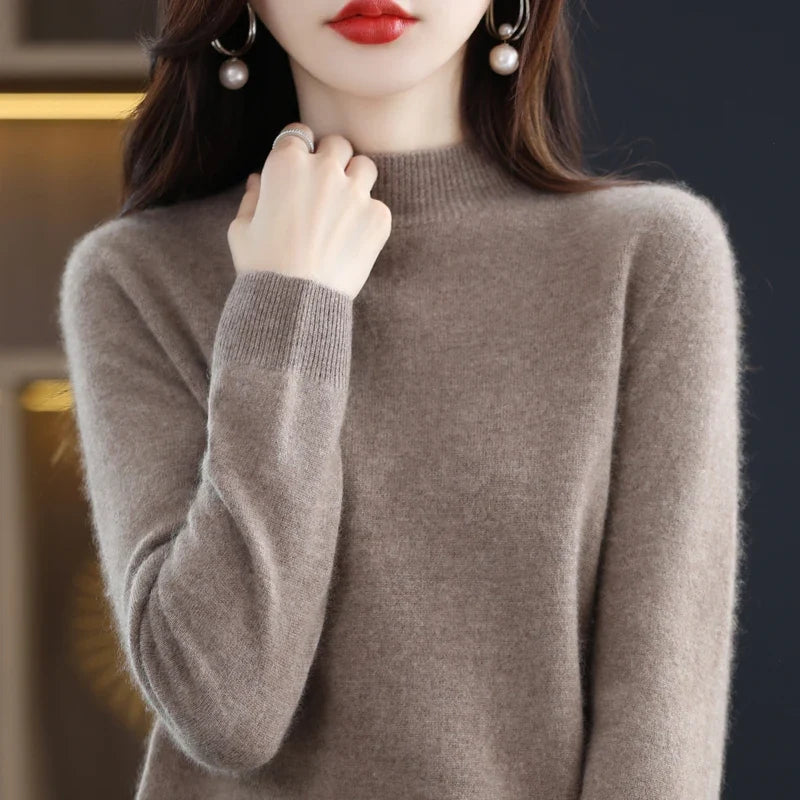 Women's sweater with stand-up collar, long-sleeved, fine-knit basic top