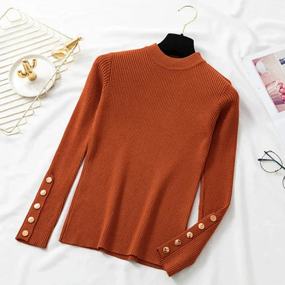Women's rib-knit sweater, long sleeve, with decorative buttons