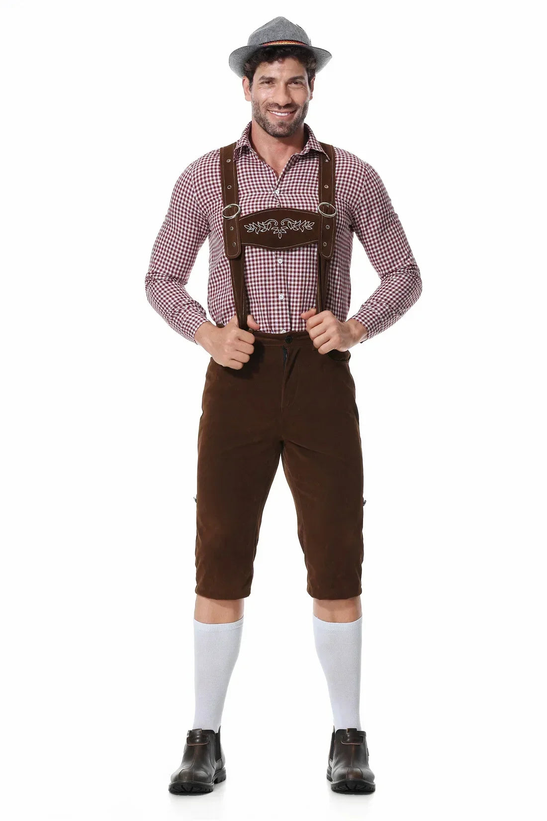 Herren Lederhose Trachtenkostüm kariertes Hemd Tracht Oktoberfest Braun Schwarz