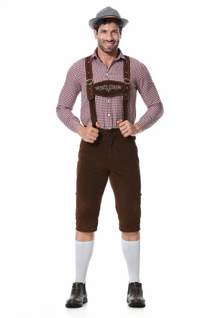 Herren Lederhose Trachtenkostüm kariertes Hemd Tracht Oktoberfest Braun Schwarz