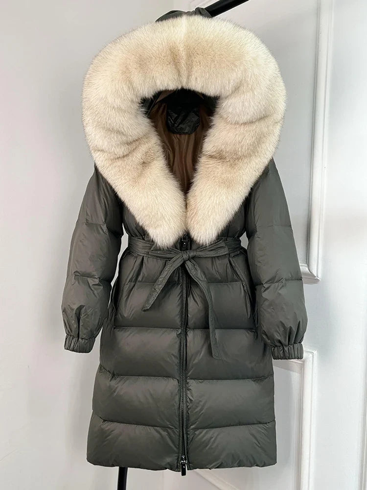 Women's black down coat with fur hood, long winter coat, belt, warm jacket