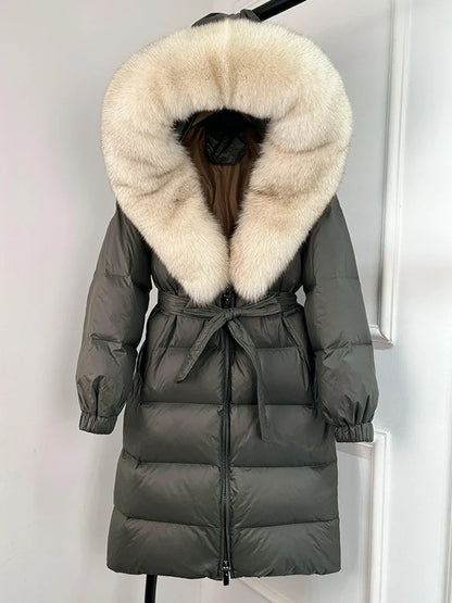 Women's black down coat with fur hood, long winter coat, belt, warm jacket