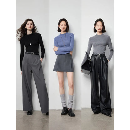 Women's Long-Sleeve Sweater Mock Neck Crew Neck Basic Top in Various Colors