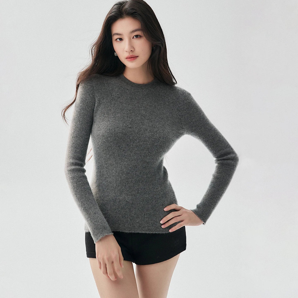 Damen Pullover Rundhals Langarm Gerippter Saum in verschiedenen Farben