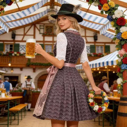 Dirndl Damen Grau-Rosa Spitze Trachtenkleid 3-teilig