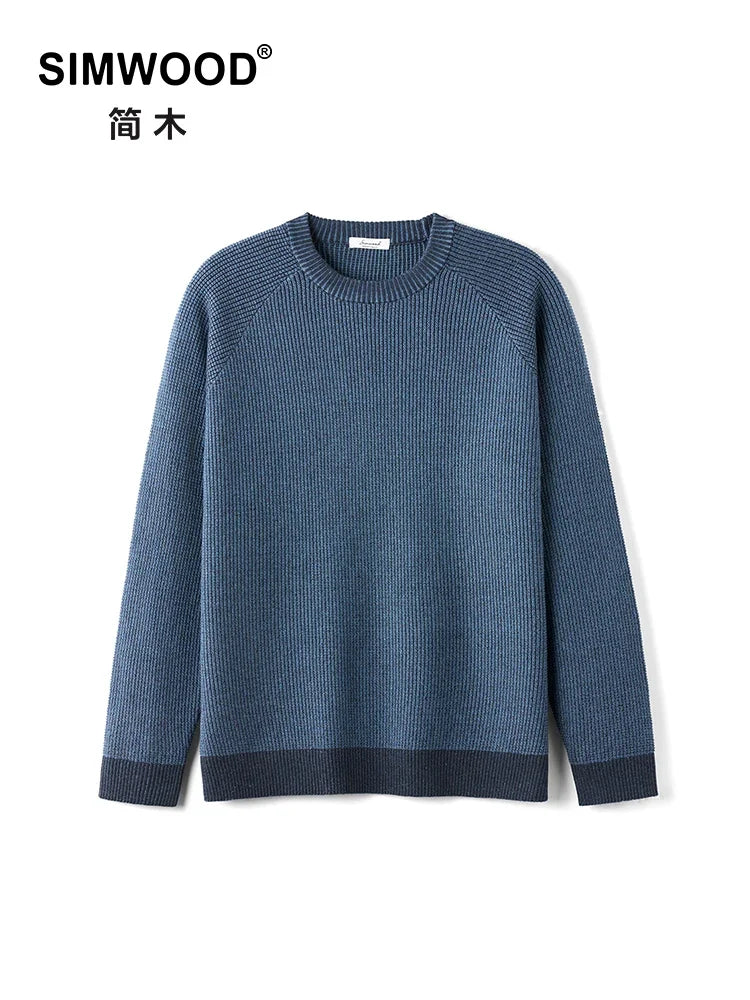 Men's blue ribbed crew-neck knit sweater, long sleeves