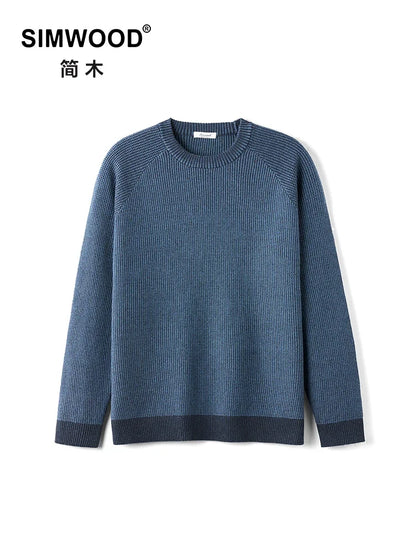 Men's blue ribbed crew-neck knit sweater, long sleeves