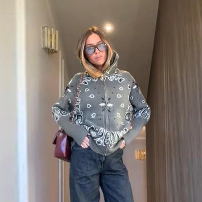 Women's knitted cardigan with a zipper, high collar, and bandana pattern