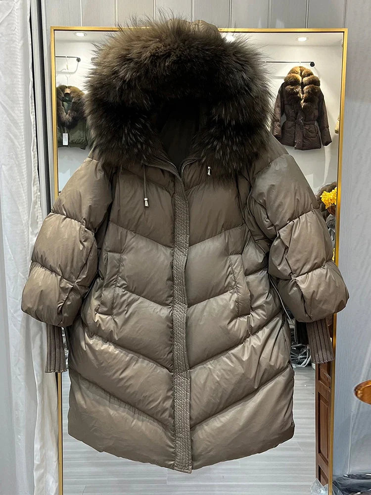 Women's winter quilted jacket with faux fur hood, khaki beige