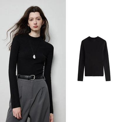 Women's Long-Sleeve Sweater Mock Neck Crew Neck Basic Top in Various Colors