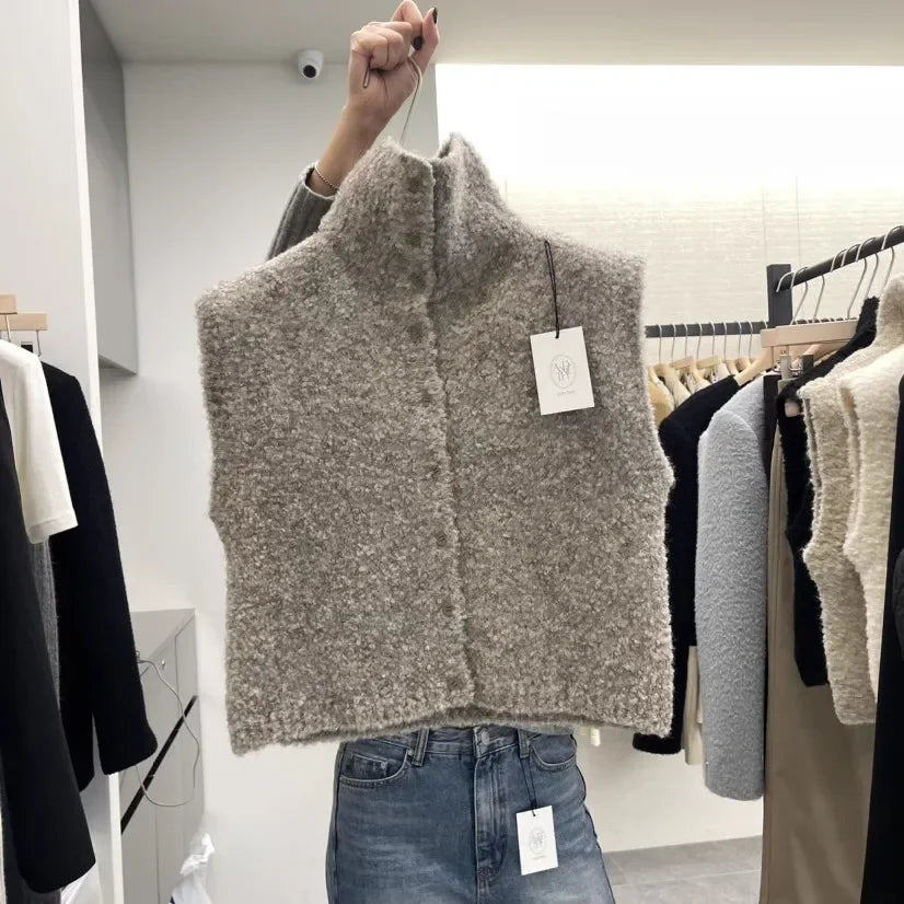 Women's bouclé-look knitted vest with turtleneck, sleeveless
