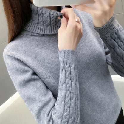Women's turtleneck knitted sweater with cable-knit sleeves