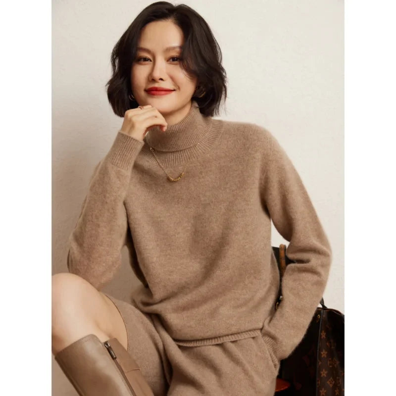 Women's long-sleeved turtleneck knitted sweater, warm, solid color