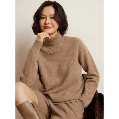 Women's long-sleeved turtleneck knitted sweater, warm, solid color