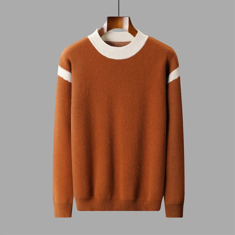 Men's crew-neck knit sweater with caramel/cream stripes