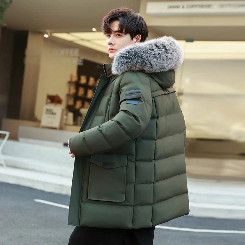 Men's winter jacket, quilted, with fur hood, parka, warm and lined