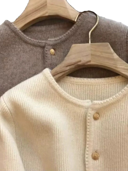 Women's Crew-Neck Long-Sleeved Knit Cardigan with Button Placket