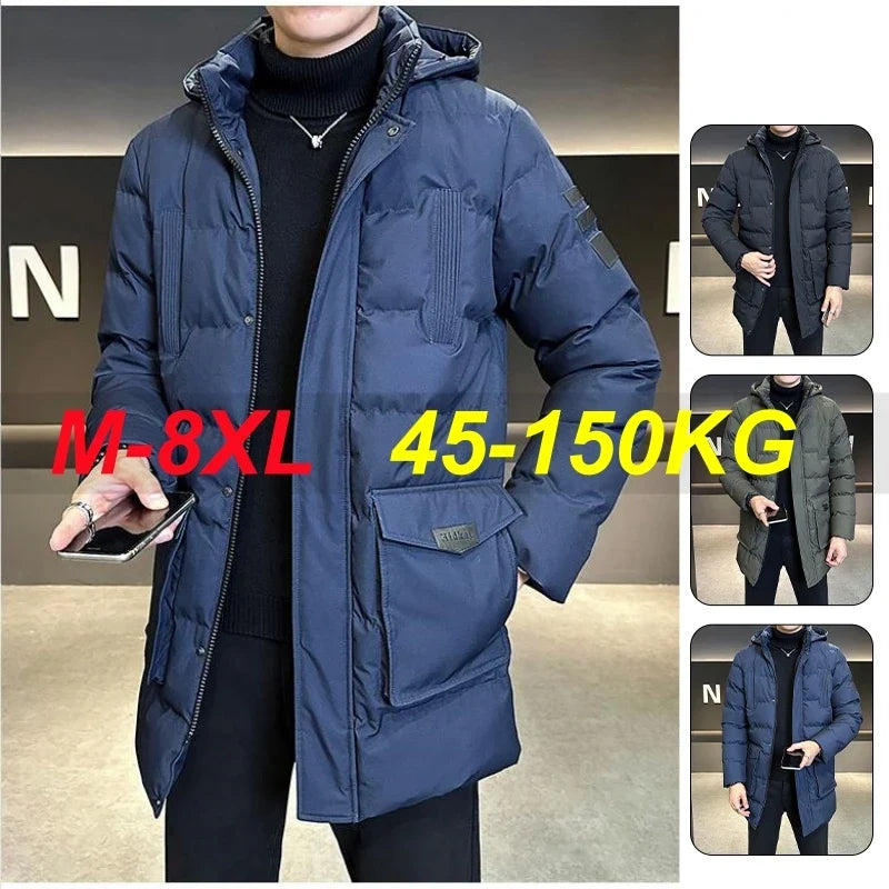 Herren Steppjacke lang mit Kapuze Winter Warm gefüttert - Schwarz, Blau, Oliv