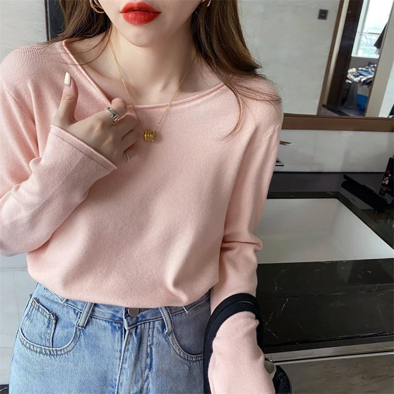 Damen Langarm Oberteil Rundhals Pullover Mehrfarbig