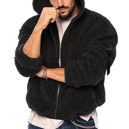 Men's teddy fleece hooded jacket with zipper and pockets