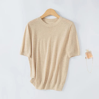 Women's short-sleeve knitted sweater, crew neck, soft sweater top