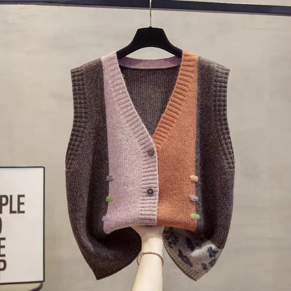 Women's knitted vest with V-neck, color mix, and sleeveless design