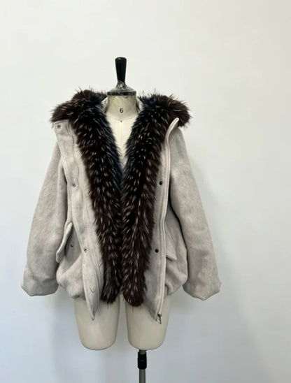 Damen Kurzmantel mit Kunstpelzkragen Reißverschluss Jacke Wintermantel Warm Grau Beige Braun