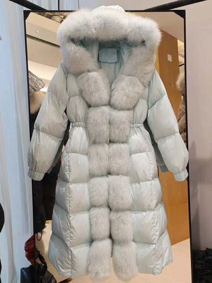 Women's Long Down Coat with Hood and Faux Fur Trim, Warm Winter Jacket
