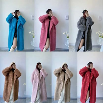 Damen Teddyfell-Mantel Lang Zweireihig Beige Winter