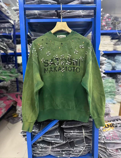 Unisex Crew-Neck Ombre Sweatshirt with Rhinestone Details