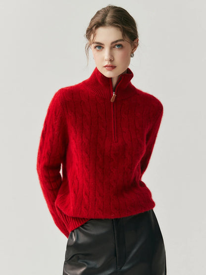Women's cable-knit sweater with zipper, high collar, gray