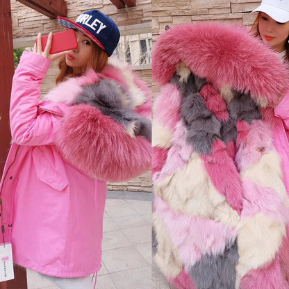 Women's winter parka with pink faux fur lining & hood