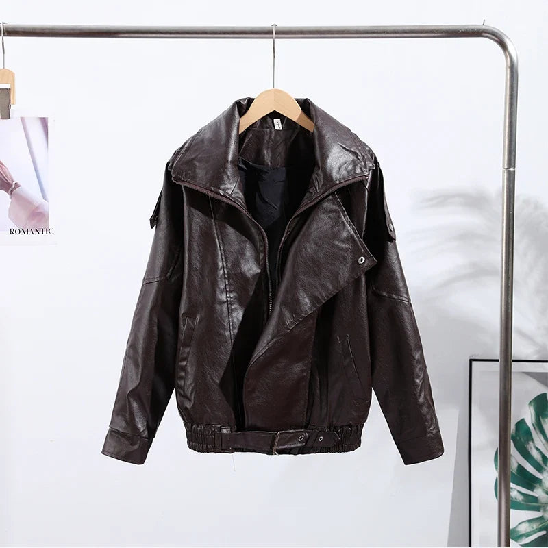 Women's short leather-look bomber jacket with stand-up collar