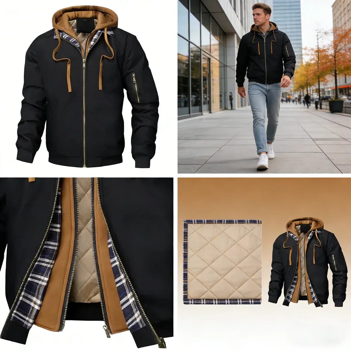Men's bomber jacket with hood, quilted lining and checkered pattern, black