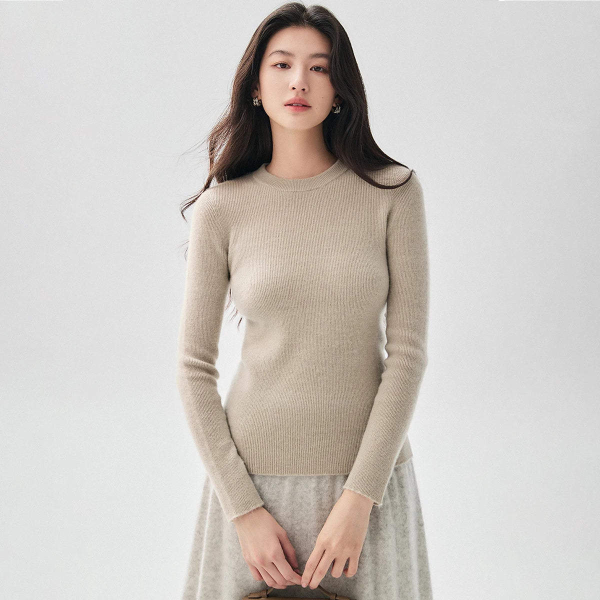 Damen Pullover Rundhals Langarm Gerippter Saum in verschiedenen Farben