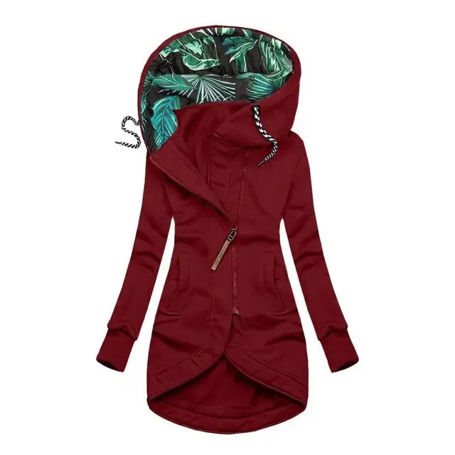 Women's hoodie jacket with leaf-print lining, asymmetrical zipper & drawstring