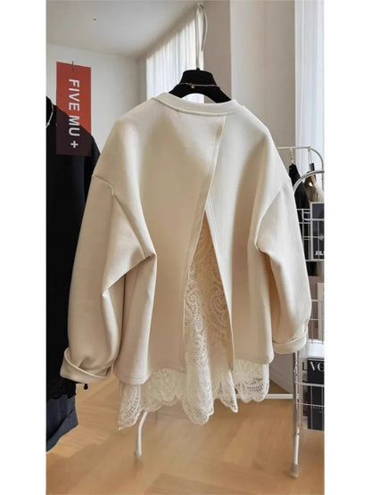 Damen Sweatshirt mit Spitzen-Layering und Rückenschlitz