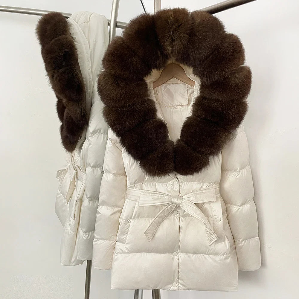 Damen Daunenjacke mit Kapuze, Pelzbesatz und Gürtel