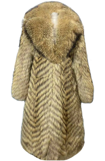 Long women's faux-fur coat with chevron pattern, warm winter coat