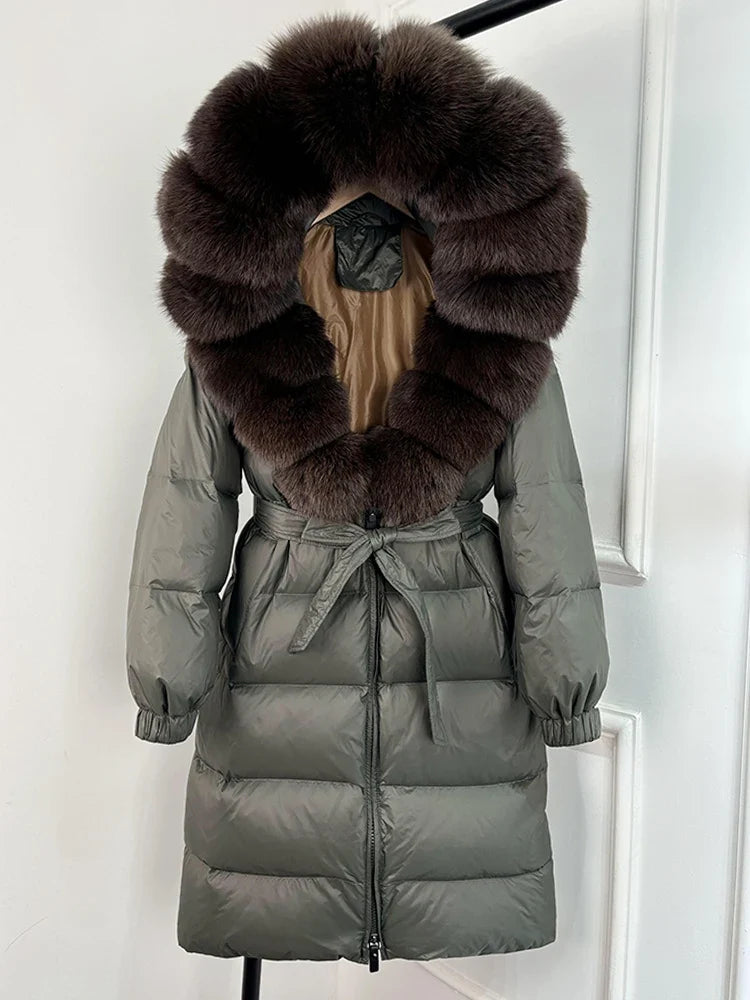 Women's black down coat with fur hood, long winter coat, belt, warm jacket