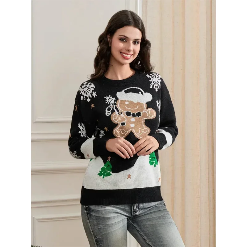 Christmas sweater with gingerbread man motif & snowflakes, red