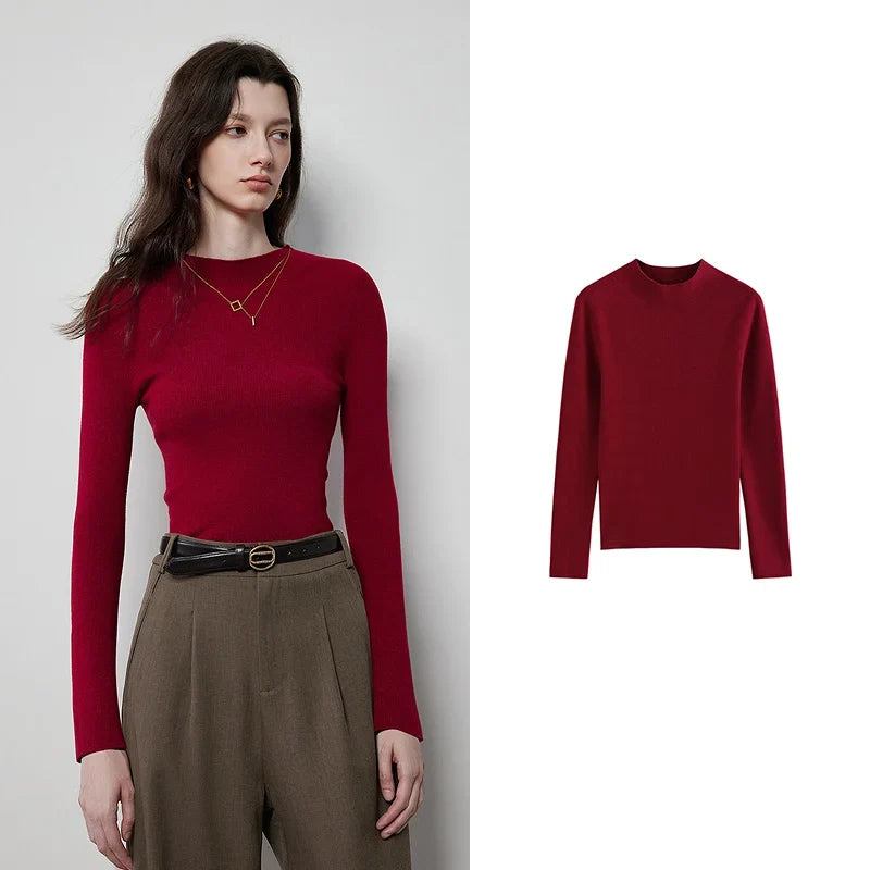 Women's Long-Sleeve Sweater Mock Neck Crew Neck Basic Top in Various Colors
