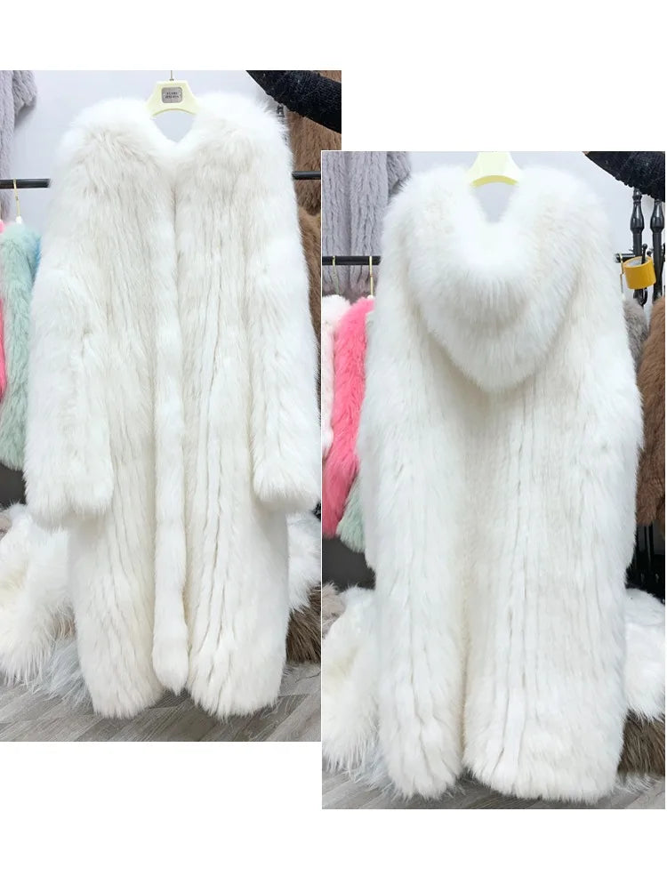 Long hooded coat with faux fur look