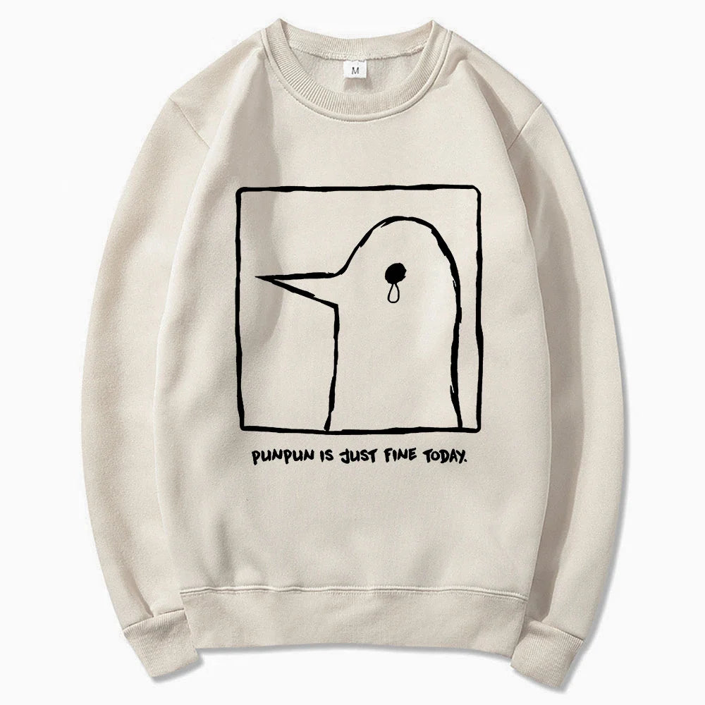 Hoodie or sweatshirt with cartoon bird motif, "Punpun is just fine today" print
