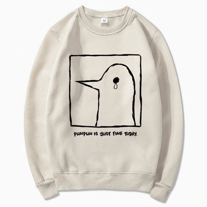 Hoodie or sweatshirt with cartoon bird motif, "Punpun is just fine today" print