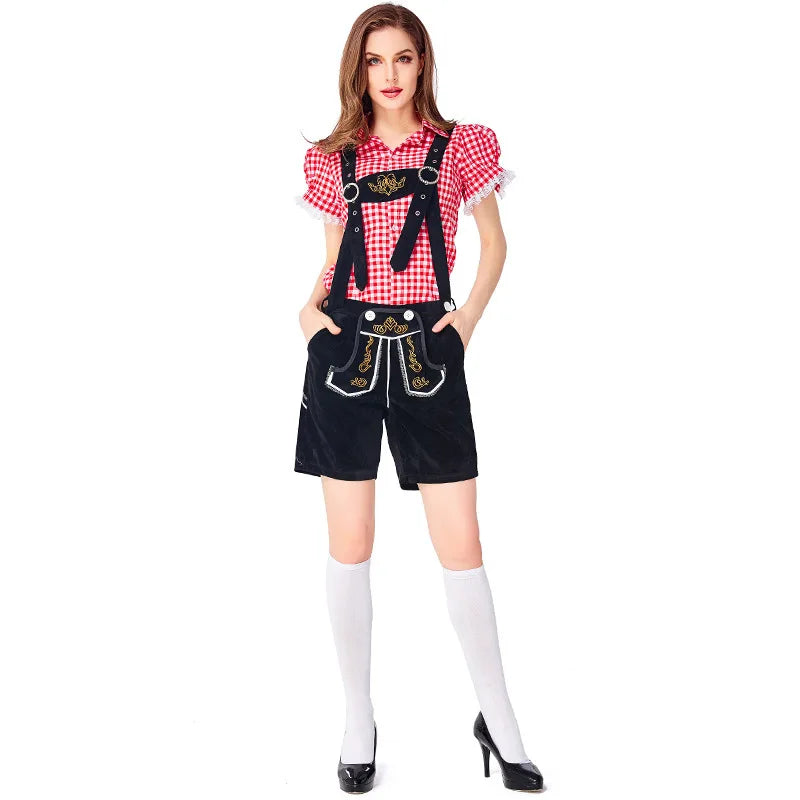 Women's Oktoberfest costume set: dirndl, lederhosen shorts, and checked shirt
