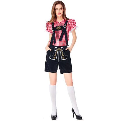 Women's Oktoberfest costume set: dirndl, lederhosen shorts, and checked shirt